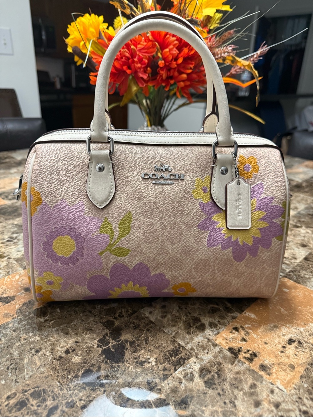 Coach Floral Print Satchel - Beige, Pink & Yellow